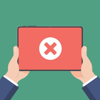 İzole kırmızı zemin üzerine siyah tablet bilgisayar Pc aygıtı tutan el. Pad bilgisayar dokunmatik ekran düz tasarım vektör çizim ile daire No x onay işareti ile insanın ellerinde