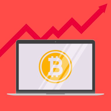 Modern aygıt - dizüstü bilgisayar, bilgisayar ya da netbook pc düz çizmek ile ekran simge vektör çizim bitcoin işareti sembolü. Teknoloji kavramı kırmızı ok yukarı önünde ekran hatası klavye yok.