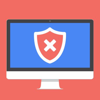 Modern elektronik aygıt - düz tasarım stili İzleyicisi'ni veya All-In All-in-one Pc vektör çizim onay işareti ile çapraz X hayır işareti ve kalkan kırmızı zemin üzerine izole ekranda. Kötü savunma sembolü. 