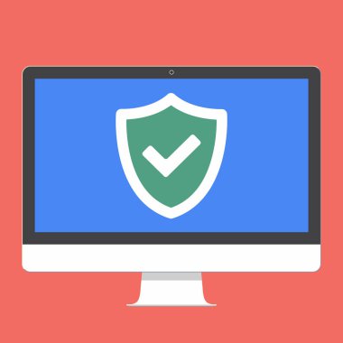 Modern elektronik aygıt - düz tasarım vektör çizim İzleyicisi'ni veya All-In All-in-one Pc onay işareti ile Tamam veya Tamam kalkan işareti ekranda kırmızı bir arka plan vektör illüstrasyon izole