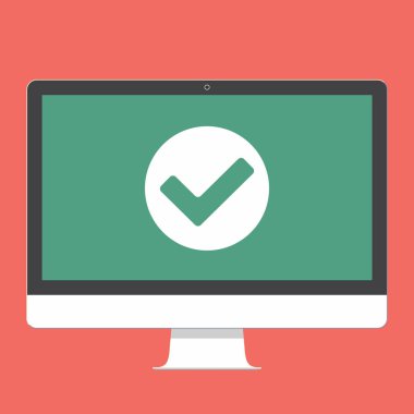 Modern elektronik aygıt - düz tasarım monitör veya tüm All-in-one Pc vektör çizim onay işareti ile. Tamam veya Tamam ekranda kayıt