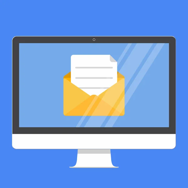 現代電子デバイス - フラット デザイン モニターまたは封筒とオール イン ワン Pc ベクトル図は、青の背景に分離された紙シートを開きます。新しいメッセージ メール郵便記号の技術コンセプト. — ストックベクタ