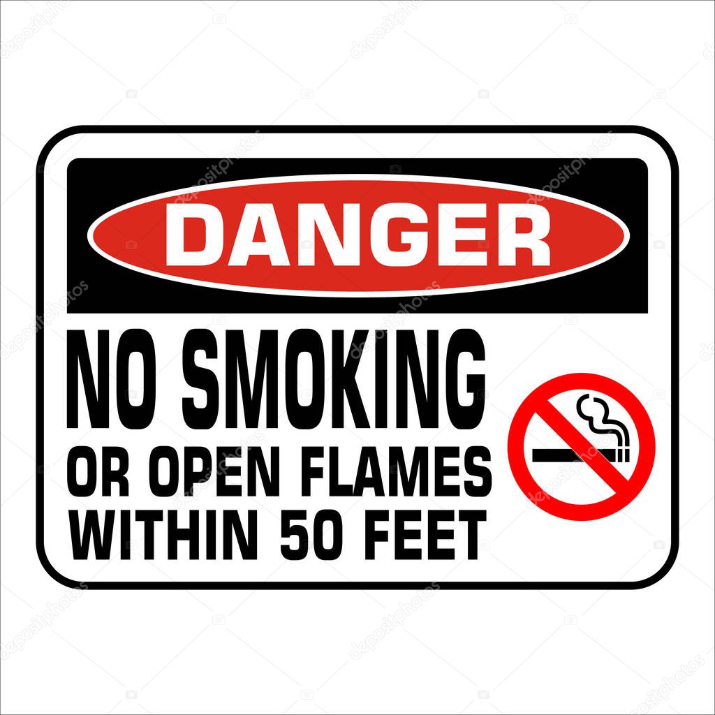 NO SMOKING prohobition forbidden sign vector illustration. Warning, danger, no smoking or open flames within 50 feet