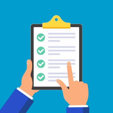 El Pano talep formu ile üzerinde kağıt sayfalarının durun, işaretleri tıkırtı Tamam açık mavi renkli vektör illüstrasyon izole listesinde daire '. İşaretçi işaret parmağı dokunmatik kağıt levha