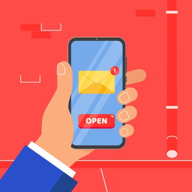 El üstünde belgili tanımlık perde duvar arka plan üzerinde izole siyah cep telefonu yeni ileti zarfı aç düğmesini sembol simge işareti ile tutarak. İnsanın el vektör çizim düz tasarım stili içinde smartphone. 