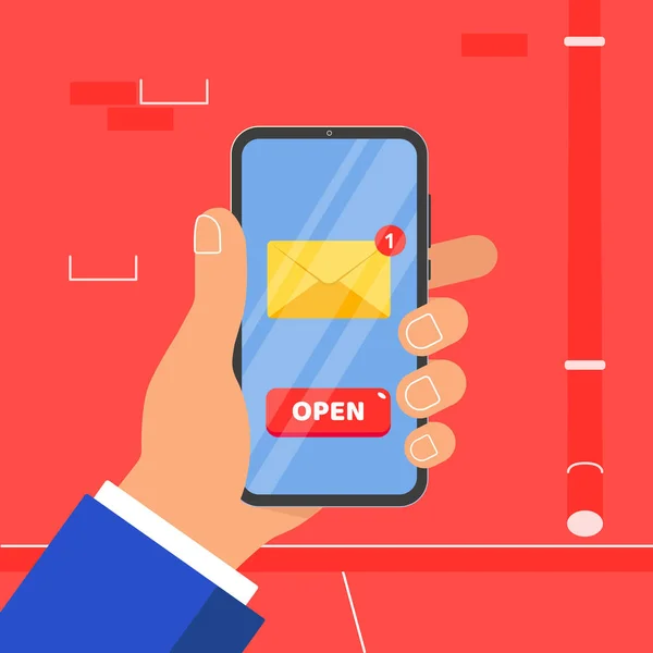 壁の背景に分離された画面で新しいメッセージ エンベロープ オープン ボタン シンボル アイコン記号で黒の携帯電話を持っている手 人間の手のベクトル図フラットなデザイン スタイルのスマート フォン — ストックベクタ