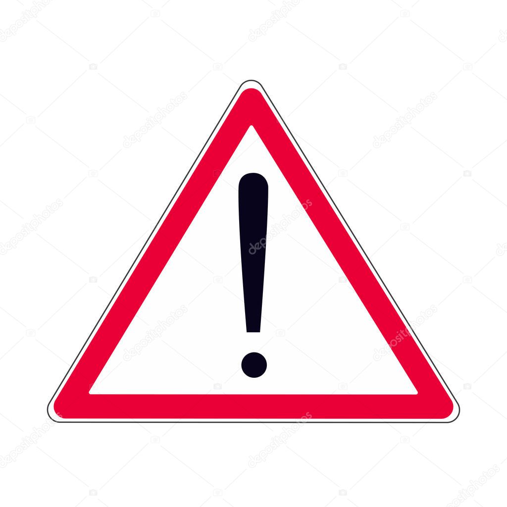 Attention caution danger sign icon. Black exclamination mark in the red triangle sign symbol or sticker element isolated on white background vector illustration