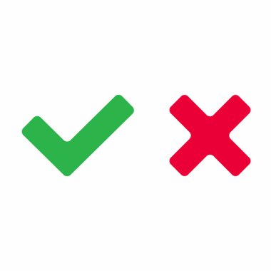 Onay işareti simgesini işaret illüstrasyon vektör. Evet ya da Hayır, doğru ve yanlış düz tasarım sürümü onay işareti düğmeleri. Kızıl Haç işareti ve kene onay işareti kontur beyaz arka plan üzerinde izole.