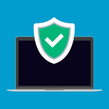 Dizüstü bilgisayar koruma işareti kavramı vektör çizim. Defter ve kene onay işareti ile kalkan sctreen düz tasarım stili, güvenlik duvarı simgesini, üzerinde mavi arka plan izole gizlilik Emanet yukarıdaki dışarı çıktı