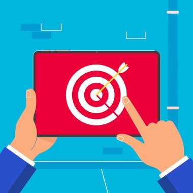 İzole duvar arka plan üzerinde siyah tablet cihaz tutan el. Yastık tablet insan hedef amaç ok bullseye simgesi ve işaret parmağı işaretçi dokunmatik ekran düz tasarım vektör çizim eller