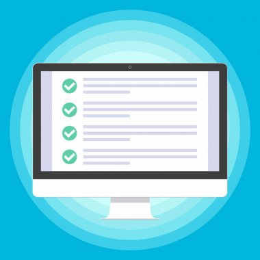 Monitör ya da ekran simgesi işaretleri onay işaretleri kene ile bir pc düz çizmek toplamda illüstrasyon vektör. Teknoloji kavramı, online anket doldurup dışarı mavi daire arka plan üzerinde izole.