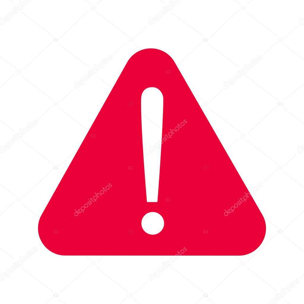 Attention caution danger icon. Exclamination point mark in the red triangle sign symbol or sticker element isolated on white background flat style design vector illustration