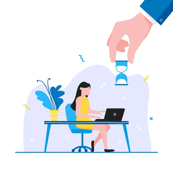 Tijdmanagement business concept template. Vrouw zit bij de tafel en werkt aan laptop. — Stockvector