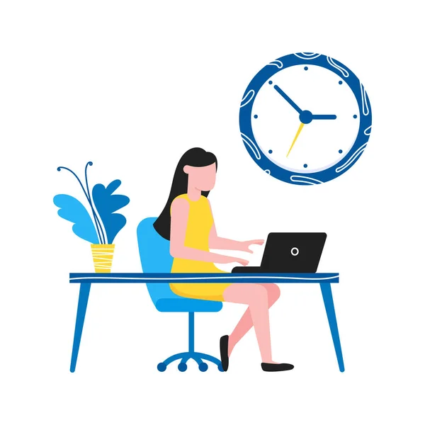 Modello di concetto di business di gestione del tempo. Donna seduta vicino al tavolo e al lavoro sul computer portatile . — Vettoriale Stock