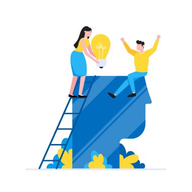 Büyük kafalı, ampullü ve minicik karakterli küçük insanlarla takım çalışması kavramı..