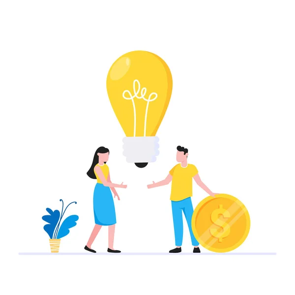 Teamwork koncept med små människor tecken som arbetar tillsammans med stora glödlampa och pengar valuta symboler — Stock vektor