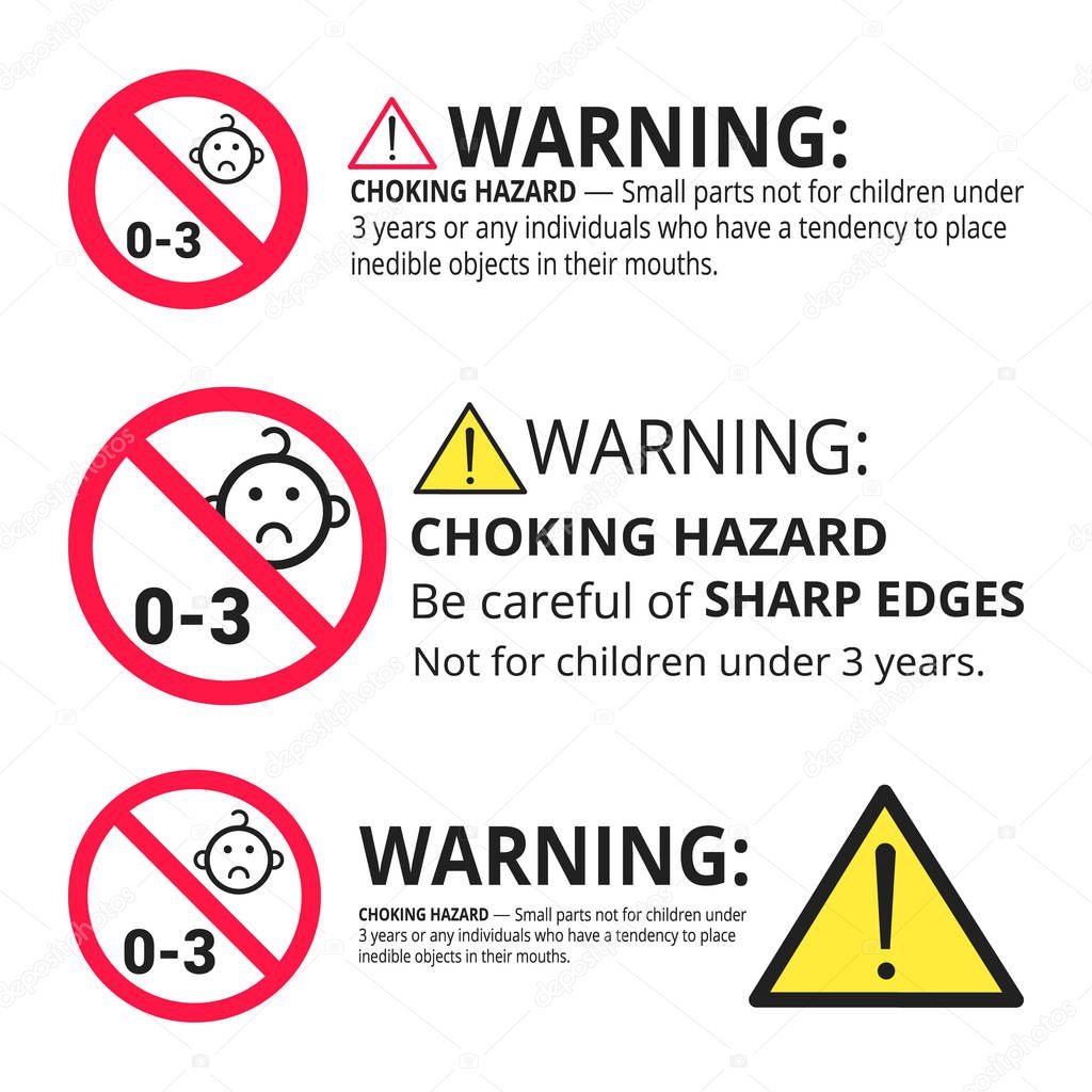 Not suitable for children under 3 years choking hazard forbidden signs set