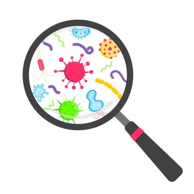 Microbes and bacterias in the circle magnifier flat style design clipart