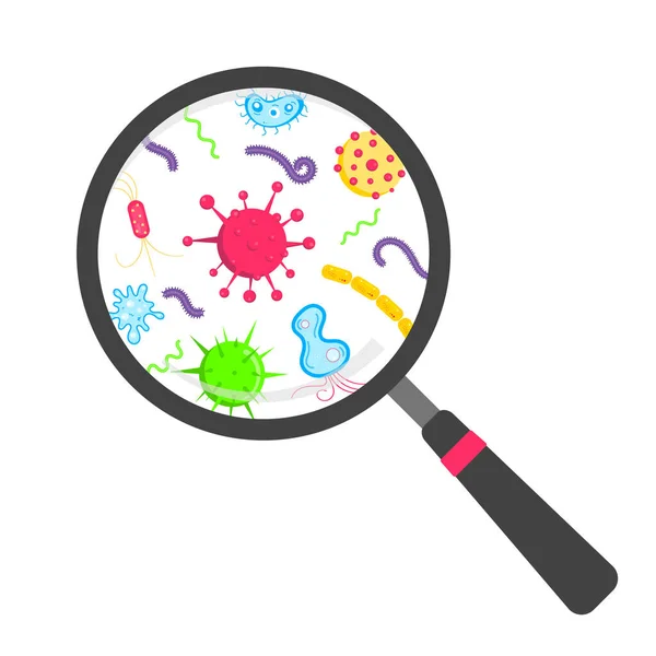 Microbios y bacterias en el diseño de estilo plano de lupa circular — Vector de stock