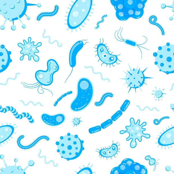 Microorganismos bacterianos, gérmenes y virus patrón inconsútil colorido . — Vector de stock