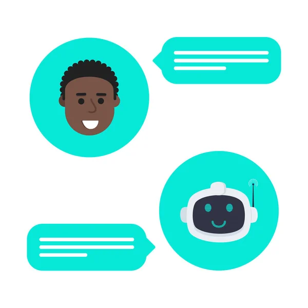 Robot chatbot fej ikon jel a beszéd buborék beszél fiú. — Stock Vector