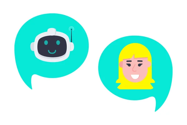 Robot chatbot cabeza icono signo en el habla burbuja hablando con chica — Vector de stock