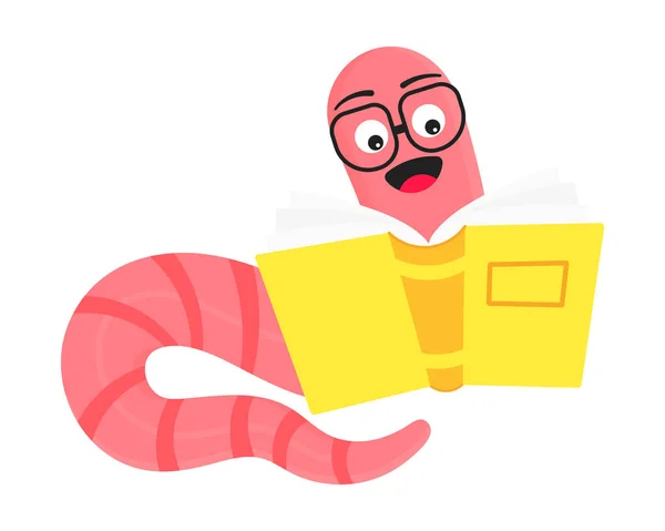Cartoon style earthworm with book and glasses vector illustration — Stock Vector