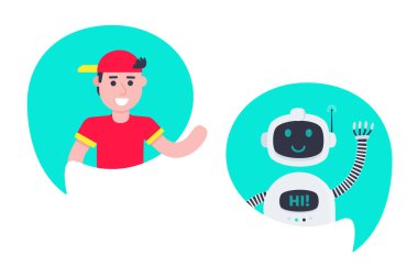 Robot sohbet robotu baş simgesi konuşma balonunda çocukla konuşuyor.