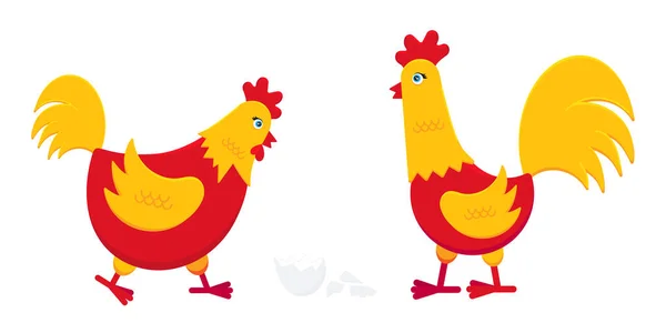 부러진 계란 과 수탉의 납작 한 디자인 벡터 일러스트와 함께 노란색 과 빨간색 닭. — 스톡 벡터