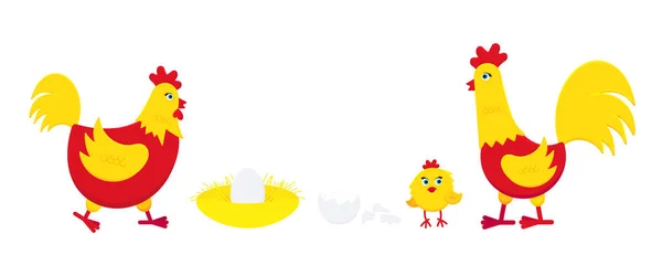 Pollo giallo e rosso con uovo rotto, nido, gallo gallo e pulcino disegno piatto illustrazione vettoriale — Vettoriale Stock