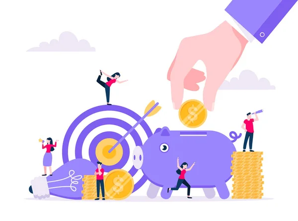 Crowdfunding samenstelling concept van fondsenwerving. Varkens bank met munten geld munt. — Stockvector