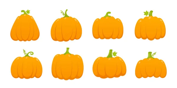 8 oranje pompoenen set met blad en gradiënt kleuren platte stijl design vector illustratie. — Stockvector
