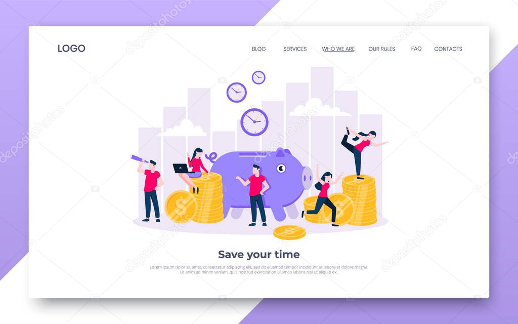 Time is money. Save time business landing page concept flat style vector illustration