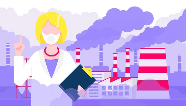 Zdezorientowana kobieta lekarz w masce przed smogiem. — Wektor stockowy