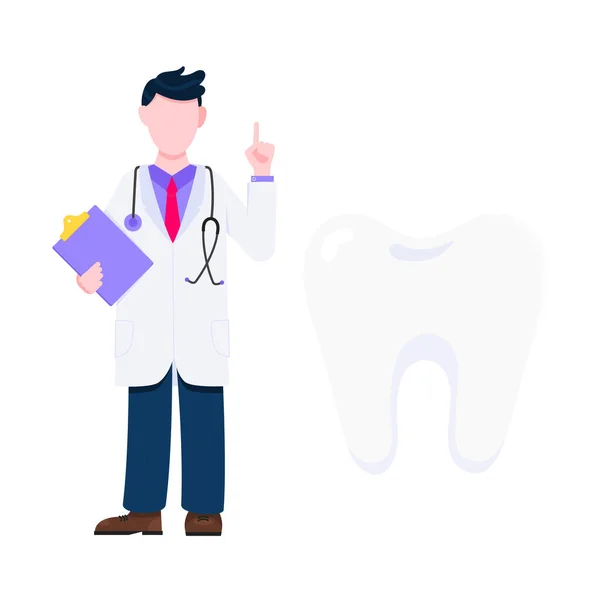 Γιατρός και bog δόντι έννοια. Οδοντίατρος στέκεται και κρατώντας πρόχειρο επίπεδη στυλ σχεδιασμού διανυσματική απεικόνιση. — Διανυσματικό Αρχείο