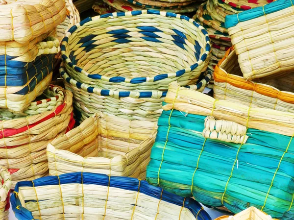 Handmade baskets from plants fiber at craft market in Otavalo, province Imbabura, Ecuador