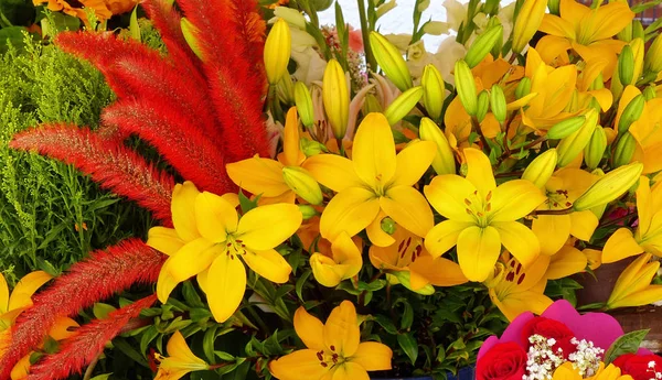 Bukiet Żółtych Lilii Czerwonej Kwitnącej Trawy Zbliżenie — Zdjęcie stockowe