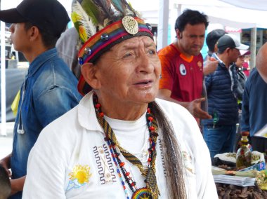 Cuenca, Ekvador - 30 Ekim 2019: Kimliği belirsiz yerli şifacının (şaman) geleneksel Ekvador sağlık törenine hazırlanan portresi