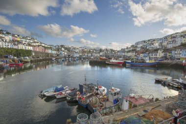 Brixham Limanı balıkçı tekneleri ve townhouses