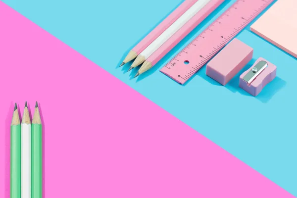 Stationary concept Flat Lay.  Stationary  pastel tone on blue an — Stock Photo, Image