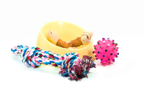 Pet supplies set about plastic bowl, rope, rubber toys — Stock Photo, Image