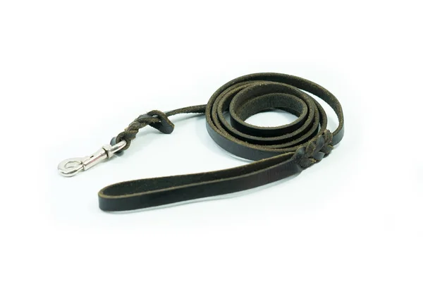 Pet leash of black leather isolated on white background.