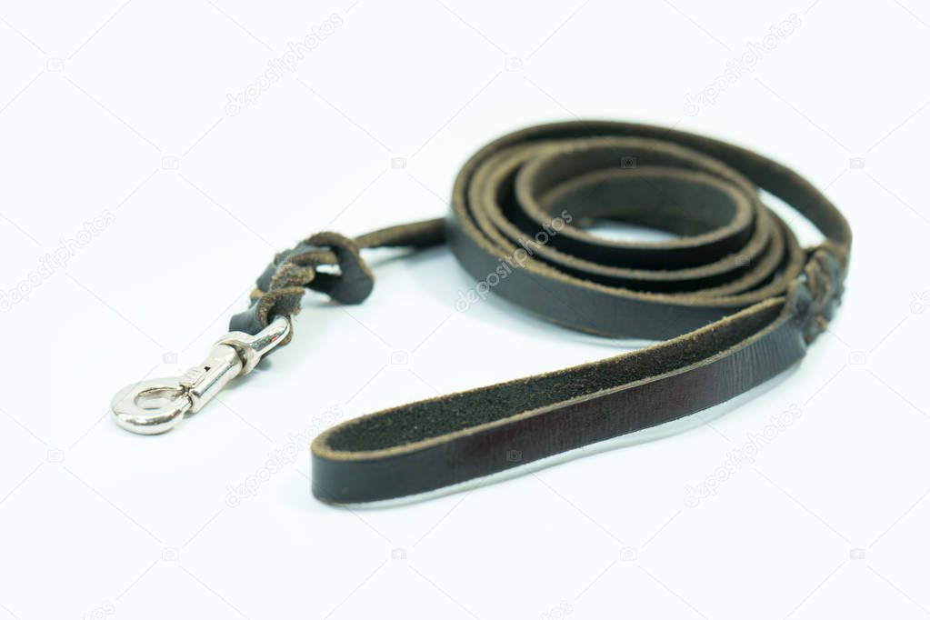 Pet leash of black leather isolated on white background. 