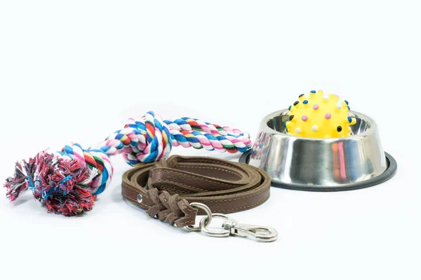 Pet supplies set about stainless bowl, rope, rubber toys — Stock Photo, Image