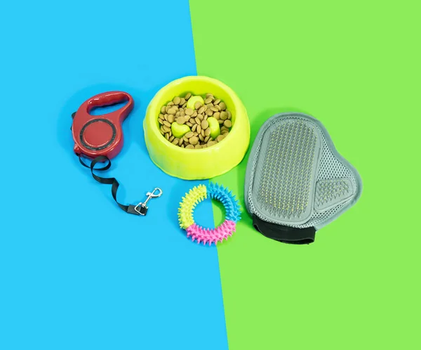 Pet supplies about bowl with dry food, rubber toys and leash — Stock Photo, Image