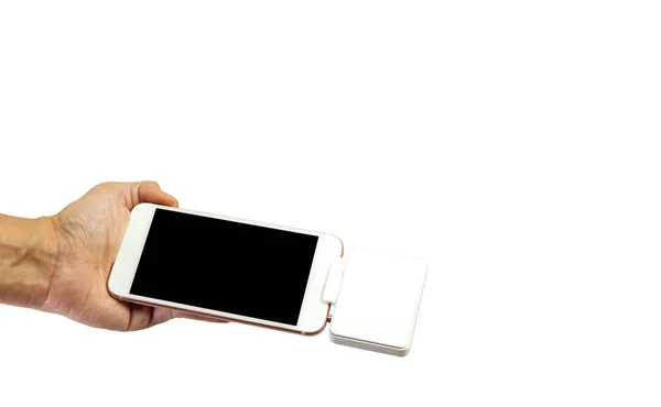 Main tenant le téléphone intelligent Mockup avec la machine moderne de carte de crédit — Photo