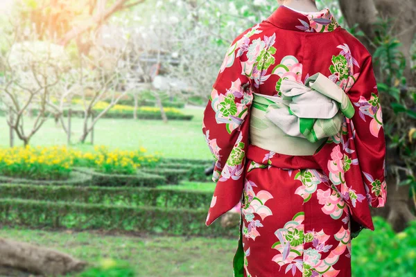 Kimono geleneksel Japonya giyen kadın genel Park'ta yürüyüş. — Stok fotoğraf