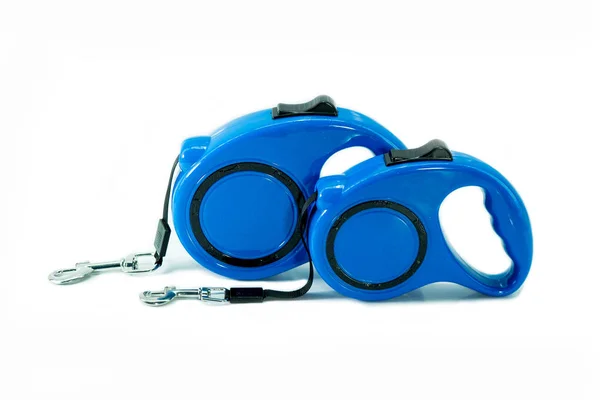 Автоматический поводок голубого цвета для собаки на изолированном белом . — стоковое фото