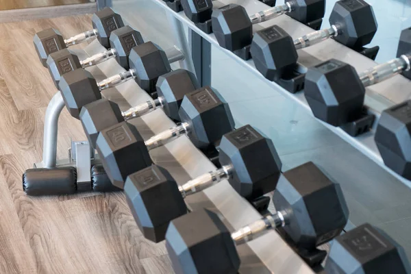 Satır siyah Dumbbells bir çelik raf. Egzersiz eğitim ve fitness spor salonu konsept. 