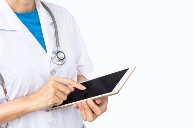 Ekran tablet izole beyaz arka plan üzerinde dokunmadan doktor.